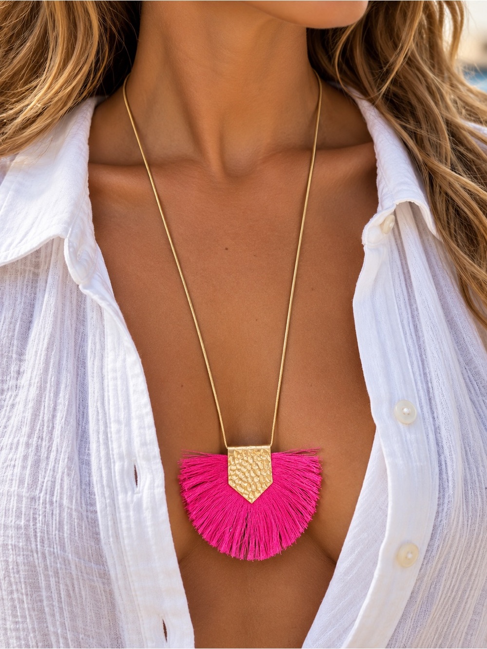 Gold Pendant Necklace with Hot Pink Tassel Accent